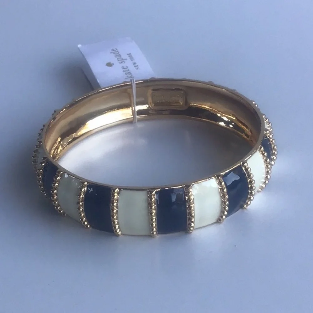 Kate Spade Gold, white ivory and Navy Striped beaded Bracelet chunky bangle - Picture 5 of 16